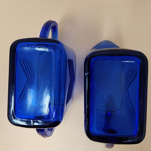 Vintage Cobalt Blue Glass Creamer & Sugar Set With Chevron Pattern - Picture 7 of 12